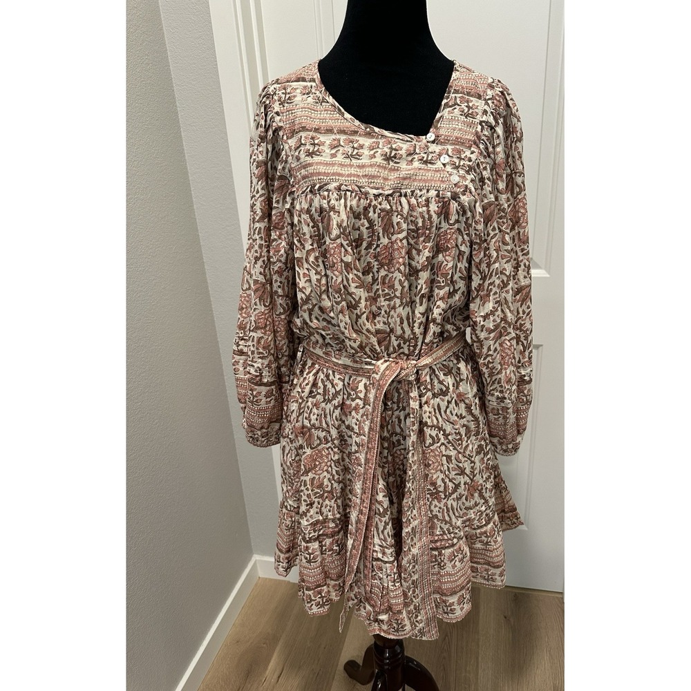 NWT CLEOBELLA Foral-print Mini Dress Ruffle Hem Large Belted Organic Cotton